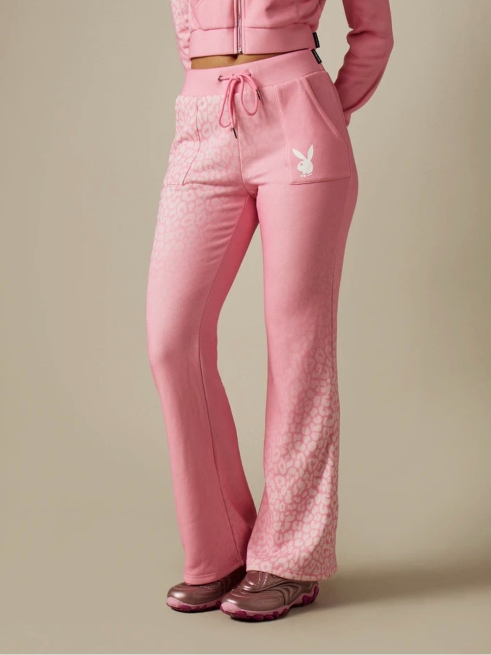 PLAYBOY Pink Leopard-Panel Flare Sweatpants